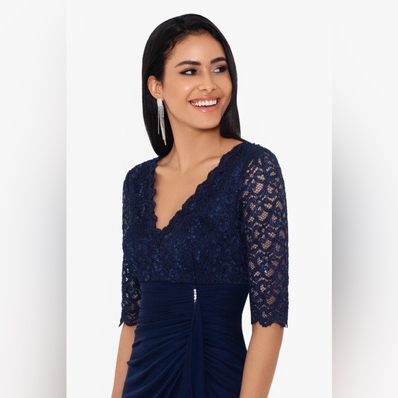 Betsy & Adam "JOHANNA" 3/4 SLEEVE SHEER MATTE JERSEY LONG DRESS - Picture 4 of 10